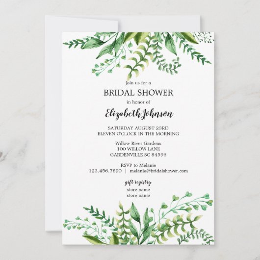 Elegantes grünes botanisches Brautparty Einladung (Vorderseite)