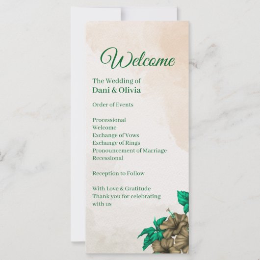 Elegantes grünes botanisches Hochzeitsprogramm (Vorderseite)