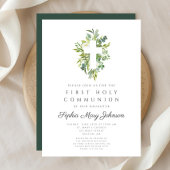 Elegantes grünes botanisches Kreuz Erste Kommune Einladung