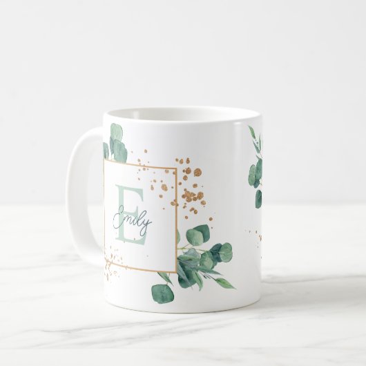 Elegantes grünes Eukalyptus & Gold Foil Monogramm Kaffeetasse (Vorderseite Links)