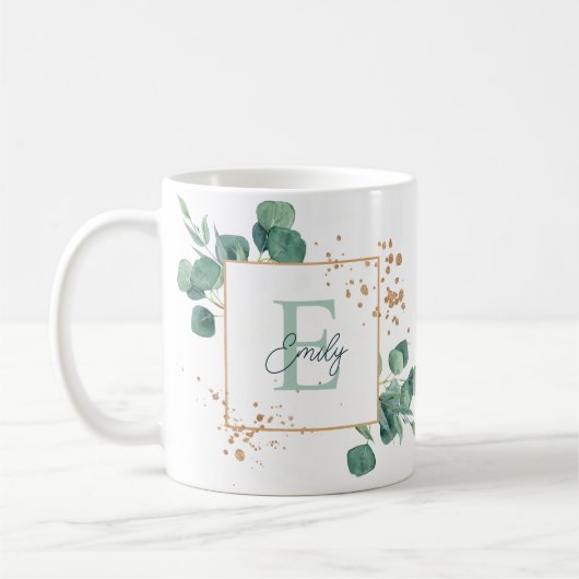 Elegantes grünes Eukalyptus & Gold Foil Monogramm Kaffeetasse (Links)