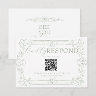 Elegantes, grünes, florales Old-Money-QR-Code-Wedd RSVP Karte