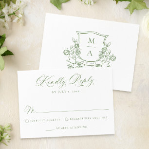 Elegantes grünes florales Wappen-Monogramm Hochzei RSVP Karte