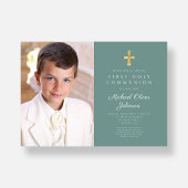 Elegantes Grünes Foto Boy First Communion Einladung