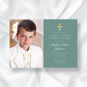 Elegantes Grünes Foto Boy First Communion Einladung