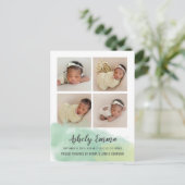 Elegantes grünes Foto Geburtshinweis Postkarte (Stehend Vorderseite)