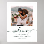 Elegantes grünes Foto Hochzeit Willkommen Poster (Vorne)