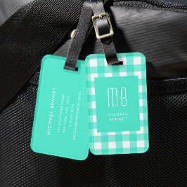 Elegantes grünes Gingham-Monogramm Gepäckanhänger