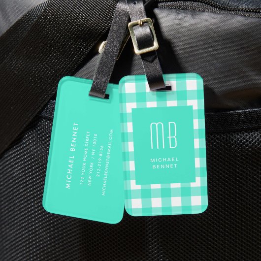Elegantes grünes Gingham-Monogramm Gepäckanhänger
