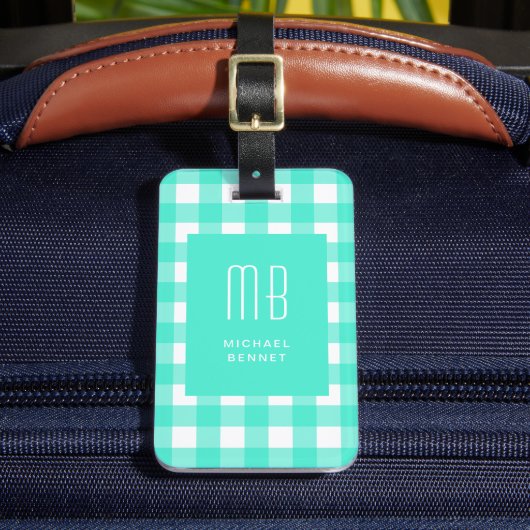 Elegantes grünes Gingham-Monogramm Gepäckanhänger (Vorderseite Insitu 2)