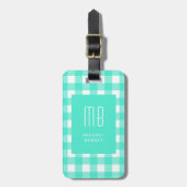 Elegantes grünes Gingham-Monogramm Gepäckanhänger (Vorderseite vertikal)