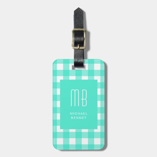 Elegantes grünes Gingham-Monogramm Gepäckanhänger (Vorderseite vertikal)