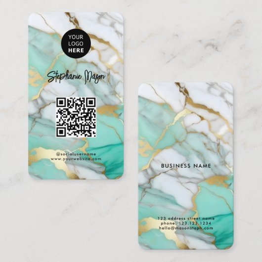 Elegantes grünes Goldmarmor-Logo & QR-Code Modern Visitenkarte (Vorne/Hinten)