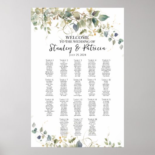 Elegantes Grünes Hochzeitstil 18 Tische Poster (Vorne)