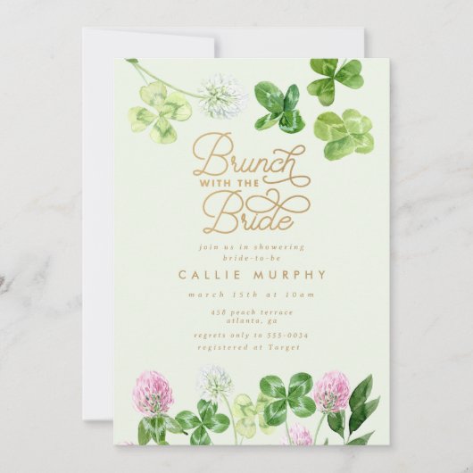 Elegantes grünes Kleeblatt Brautparty Brunch Einladung (Vorderseite)