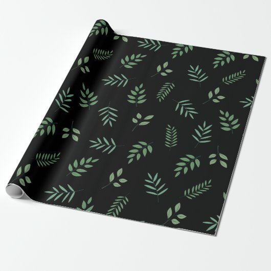 Elegantes grünes Leaf-Wrapping Paper über Schwarz Geschenkpapier (Ungerollt)