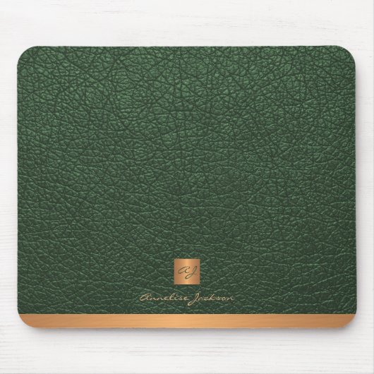 Elegantes grünes Ledergold mit Monogramm Mousepad (Vorne)