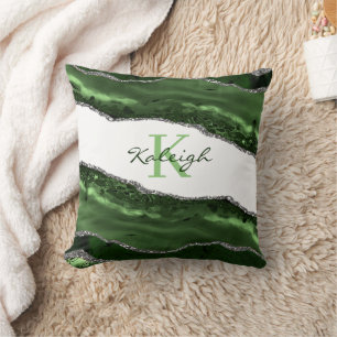 Elegantes grünes Marmor-Silber-Glitter-Monogramm Kissen