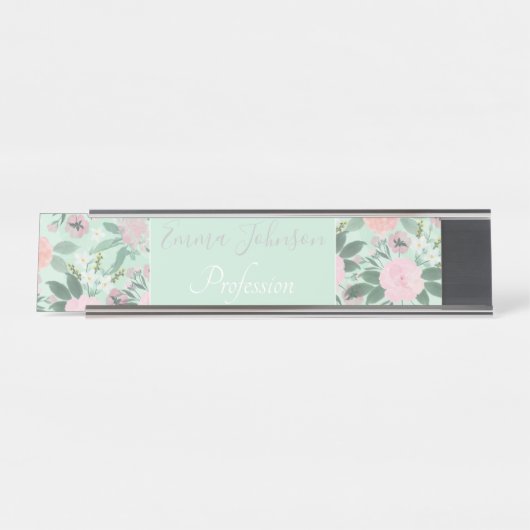 Elegantes grünes Pink, florales Aquarellbild Schreibtischnamensplakette (Vorderseite )