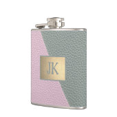Elegantes grünes rosa Leder Monogramm Flachmann (Links)