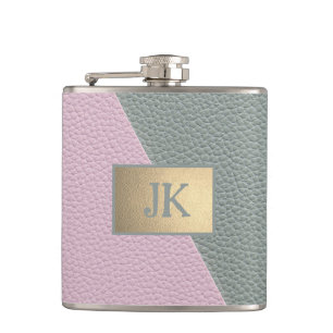 Elegantes grünes rosa Leder Monogramm   Flachmann