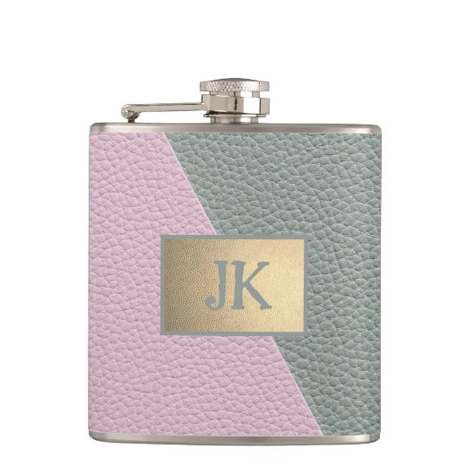 Elegantes grünes rosa Leder Monogramm Flachmann (Vorderseite)