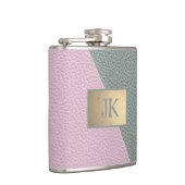 Elegantes grünes rosa Leder Monogramm Flachmann (Rechts)