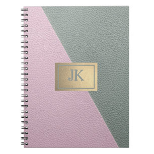 Elegantes grünes rosa Leder Monogramm   Notizblock