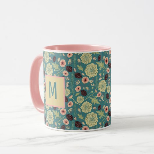 Elegantes grünes rosafarbenes Blumenmuster mit anf Tasse (Vorderseite Links)