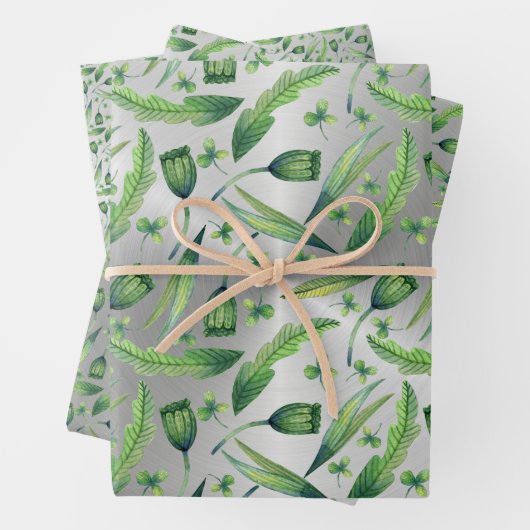 Elegantes grünes Silber Wasserfarbenflora Geschenkpapier Set (Beispiel)
