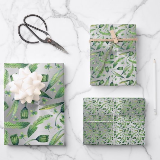 Elegantes grünes Silber Wasserfarbenflora Geschenkpapier Set (Vorderseite)
