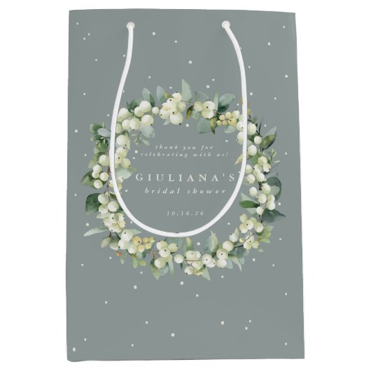 Elegantes grünes Snowberry+Eukalyptus-Brautparty Mittlere Geschenktüte (Vorderseite)