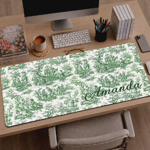 Elegantes grünes Toile de Jouy Monogramm Schreibtischunterlage