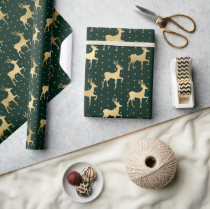 Elegantes grünes und goldenes Folien-Rentier Weihn Geschenkpapier