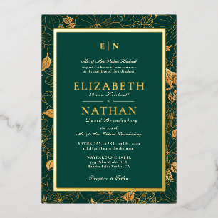 Elegantes grünes und goldenes Laub Hochzeit  Folieneinladung