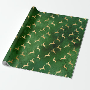 Elegantes, grünes und goldenes Weihnachtsrentierm Geschenkpapier