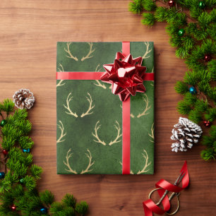 Elegantes, grünes und goldenes Weihnachtsrentierm Geschenkpapier