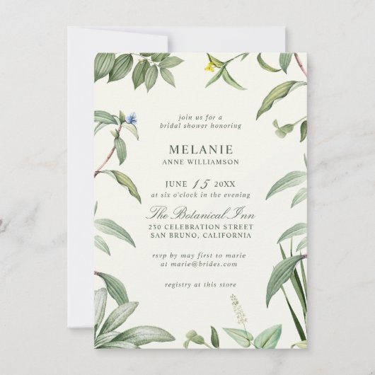 Elegantes grünes und weißes botanisches Brautparty Einladung (Vorderseite)