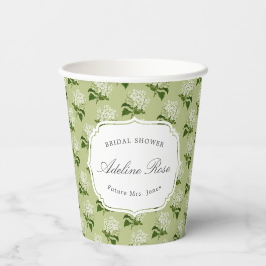 Elegantes grünes und weißes Hydrangea-Brautparty Pappbecher (Rückseite)