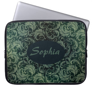 Elegantes grünes vintage Damast-Blumenmuster Laptopschutzhülle