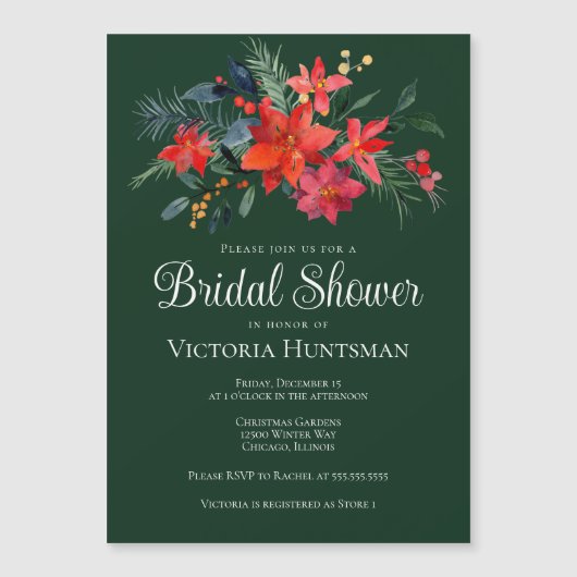 Elegantes Grünes Weihnachtsblumen-Brautparty Magneteinladung (Vorderseite)