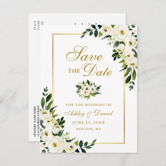 Elegantes Grünes Weißes Blumengold Save the Date Ankündigungspostkarte (Vorne/Hinten)