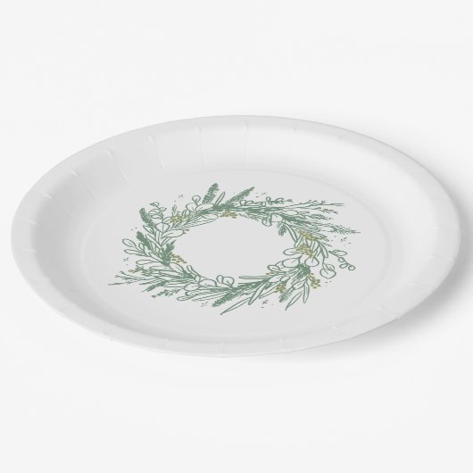 Elegantes grünes Winter Botanisches Kaminpapier Pappteller (Schrägansicht)