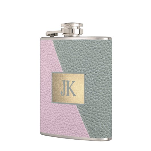 Elegantes Grünrosa Ledermonogramm Flachmann (Links)