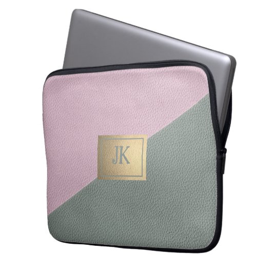 Elegantes Grünrosa Ledermonogramm Laptopschutzhülle (Vorderseite Links)