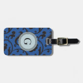 Elegantes gürtelblaues Blumenmuster Monogramm Gepäckanhänger (Vorderseite horizontal)