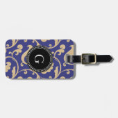 Elegantes gürtelblaues Blumenmuster Monogramm Gepäckanhänger (Vorderseite horizontal)
