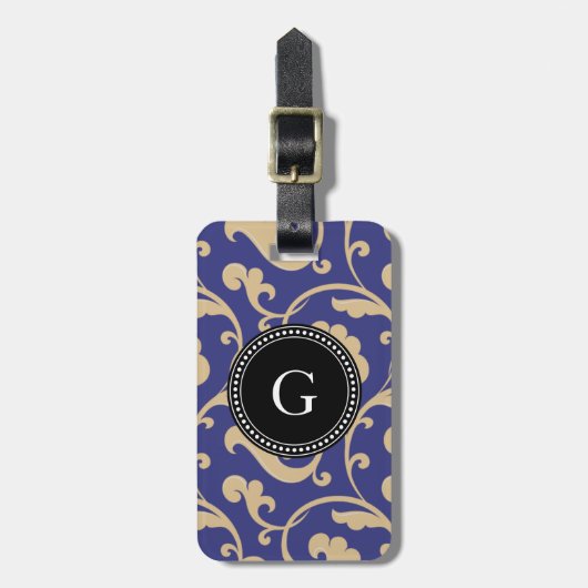 Elegantes gürtelblaues Blumenmuster Monogramm Gepäckanhänger (Vorderseite vertikal)