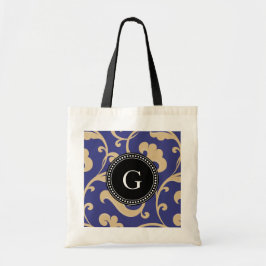 Elegantes gürtelblaues Blumenmuster Monogramm Tragetasche