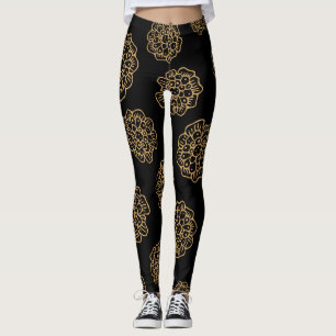 Elegantes Halloween Golden Gelbe Blumen auf Schwar Leggings